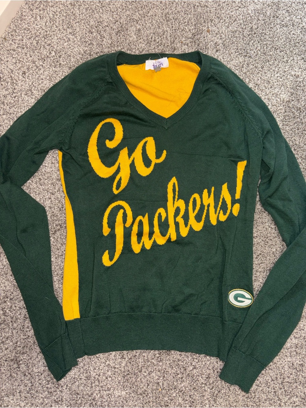 Green & Yellow 'Go Packers!' V-Neck Sweater - Women's